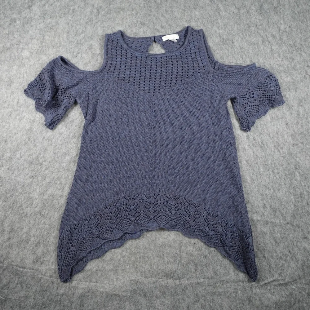 Lauren Conrad Top Womens Medium Blue Cold Shoulder Crochet Knit Sharkbite Hem